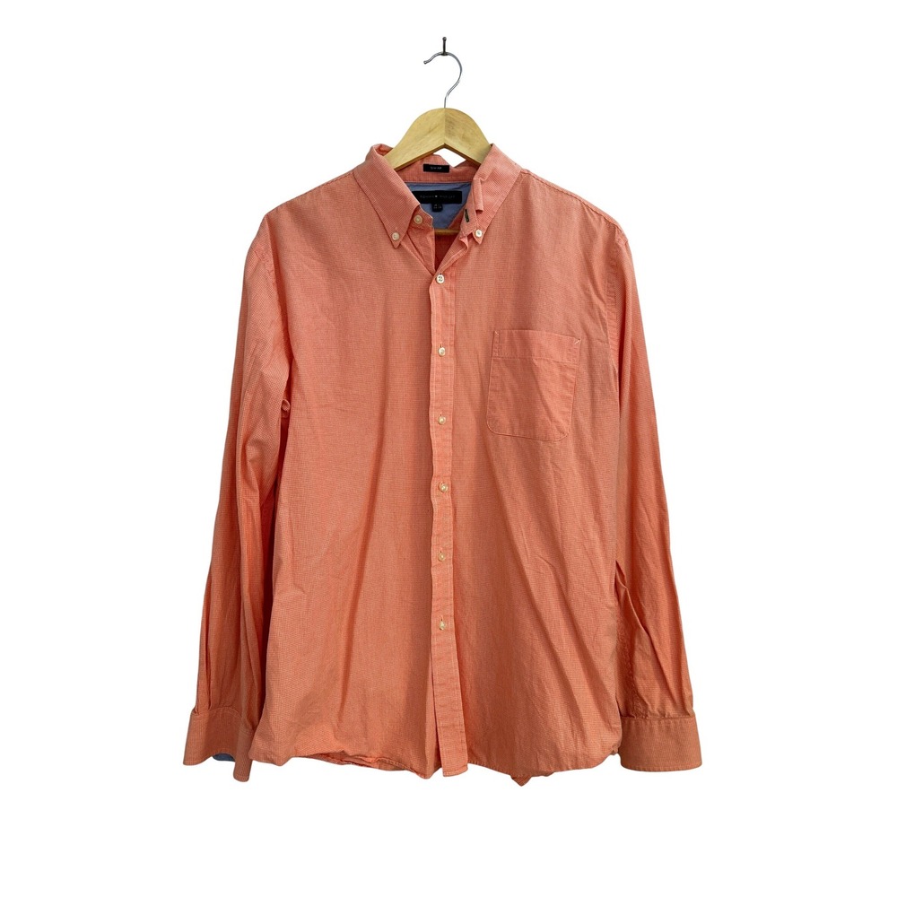 Tommy Hilfiger Mens Slim Fit Orange Gingham Button Down Shirt Large
